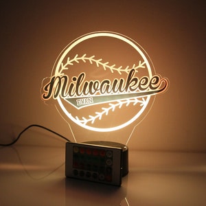 Milwaukee  Baseball Sports Fan Sports Themed Ball Lamp Night Light Up LED, Personalized FREE, 16 Colors With Remote, Made in America