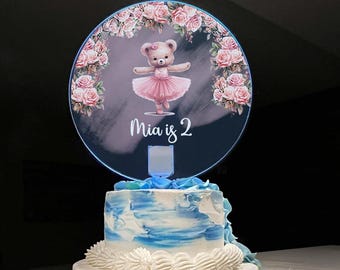 Ballerina Dancing Bear Theme Happy Birthday Cake Topper Top Personalized Name Girls Kids LED Multi Color Light Effects | Light Up The Party!