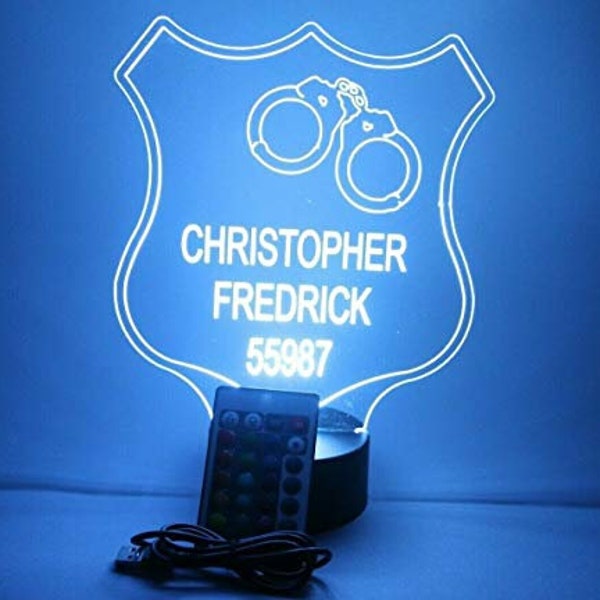 Police Officer Badge Pursuit PO Policeman Force Custom Name Room Night Light Up LED Personalized Table Lamp With Remote 16 Colors Great Gift