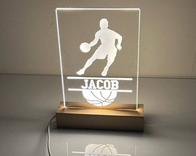 Personalized LED Basketball Night Light, Basketball Light, Personalized Basketball Gift, Gift for Basketball Player, Wood Stand Table Lamp