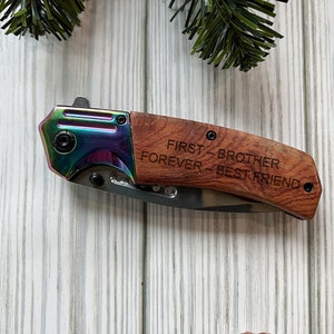 Personalized POCKET KNIFE Engraved Wood Folding Knive Stainless Steel l Standard Edge Closed; 5&quot; Blade: 4&quot; Wood Handle Comfortable Belt Clip