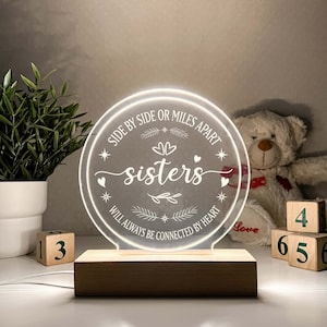 Côte à côte ou à des kilomètres l'un de l'autre, cadeau de déménagement, distance d'amitié, cadeau de Noël, cadeau interurbain, veilleuse LED cadeau Bestie Sisters