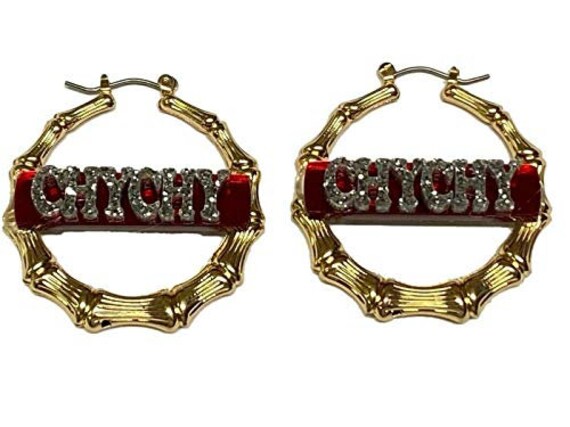 Personalized Custom Gold Hoop Bamboo Earrings Name Plate Laser Cut Gold Script