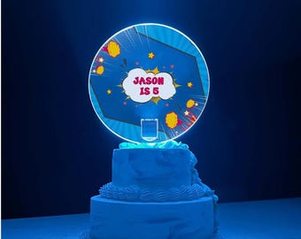 Superhero Happy Birthday Cake Topper Top Personalized Custom Name Kids Celebration Hero LED Multiple Colors Light Effects Light Up The Party