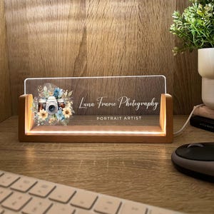 Personalized Name & Title Desk Plate Stand | Camera Photography Photographer Portrait Professional | Business Sign LED Light Nameplate Gift