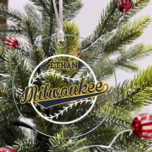 Personalized Ornament Baseball Sports Team Fan Xmas Keepsake 3.5&quot; Acrylic Festive Holiday Christmas Tree Hanging Decoration Gift - Milwaukee