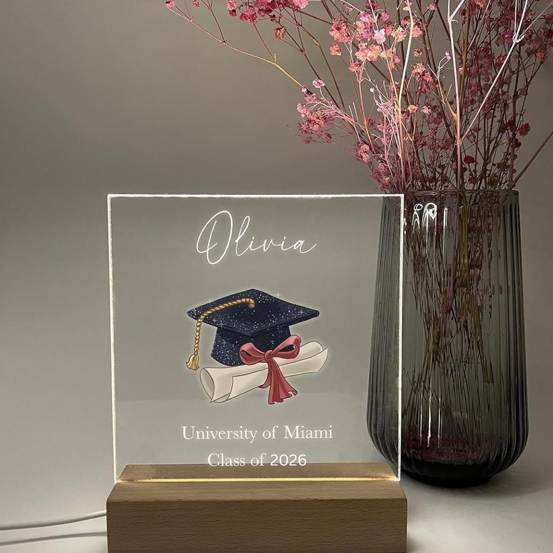 Personalized Light Wood Base LED Desk Stand Custom Graduation Cap