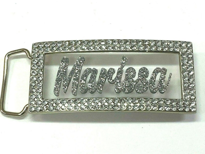 Adjustable Belt Buckle Laser Cut Personalized Custom Bling Rhinestone Silver Glitter Any Name, Word Fantastically Unique and Eye Catching image 2