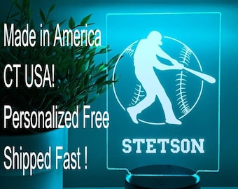 Custom Personalized LED 16 Colors Night Light Up Lamp Sports Baseball Player Fan Team Décor Gift, Sports Bedroom, Game Room, Remote Included