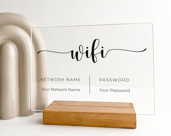 Custom Personalized Wood Base Desk Table Stand Wifi Password & Network Pedestal Acrylic Sign Home Room Work Office Guest Company Décor Gift