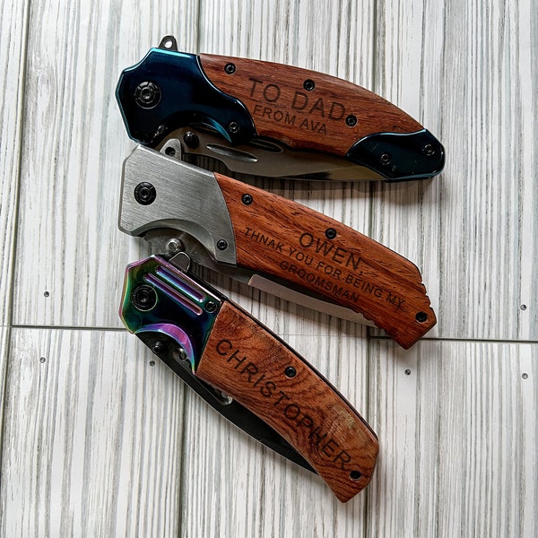 Personalized POCKET KNIFE Folding Knive Wood Custom Gifts for Him Men Dad Boyfriend Father Husband Anniversary Groomsmen Engraved Valentines