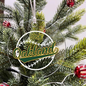 Personalized Ornament Baseball Sports Team Fan Xmas Keepsake 3.5&quot; Acrylic Festive Holiday Christmas Tree Hanging Decoration Gift - Oakland