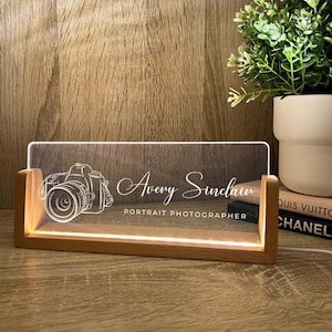 Personalized Name & Title Desk Plate Stand | Camera Photography Photographer Studio Professional | Business Sign LED Light Nameplate Gift