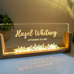 Personalized Desk Name Plate With Wooden Base, Lighted LED Light Nameplate, Desk Accessories, Office Gifts for Boss Coworkers, New Job Gifts