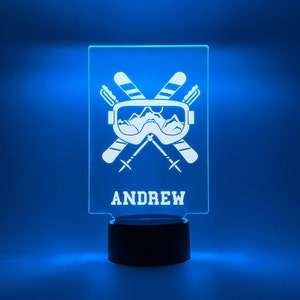 Personalized Ice Skier Skiing Player Fan Light Up, 16 Colors LED Room Sports Night Light Lamp FREE Engraving, Remote Control, Ski Theme Gift