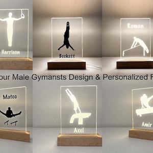 Personalized Free Name LED Wood Base Night Light Up Lamp Stand Sign Sports Athlete Mens Boys Male Gymnast Gymnastics  Design Room Décor Gift