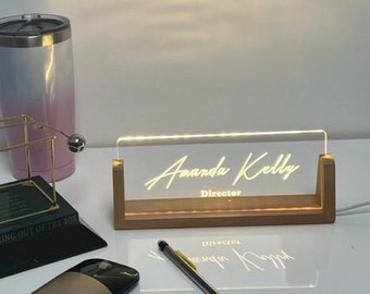 Personalized acrylic desk nameplate with base, Christmas gift for coworker, new job gift, PhD gifts, lighted name sign gift custom workspace