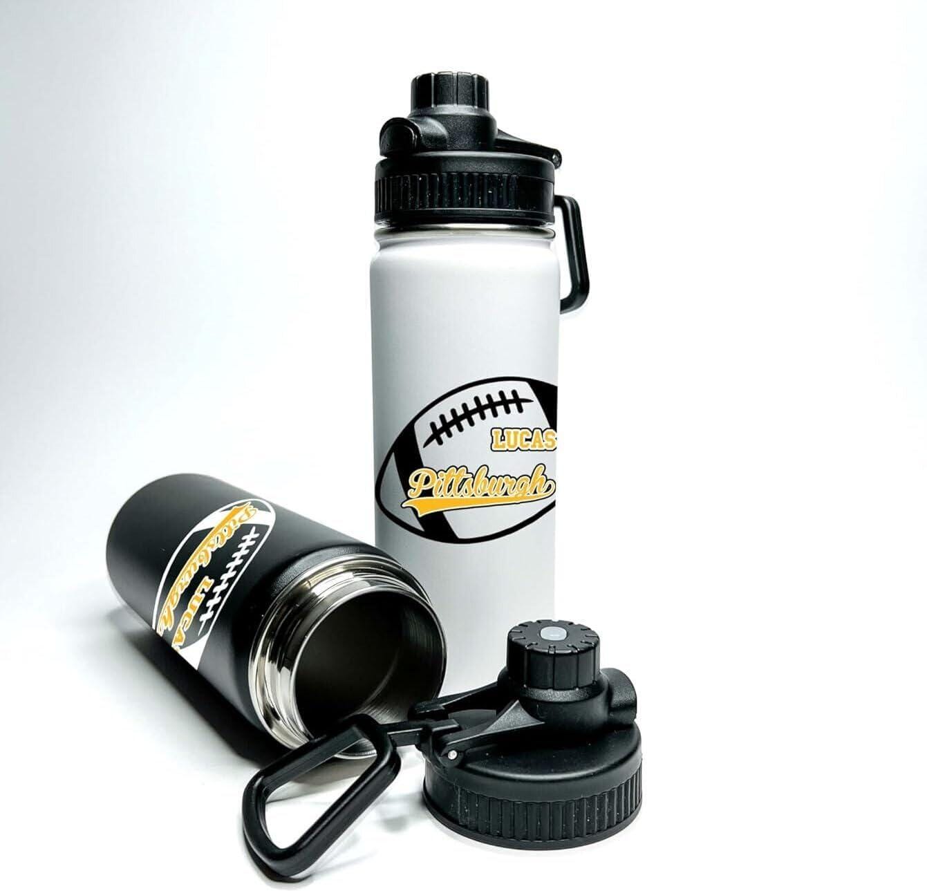 Personalized Stainless Steel Water Bottle Custom Name 18oz Vacuum-Insulated Straw or Mouth Top Football Fan Player School Team - Pittsburgh