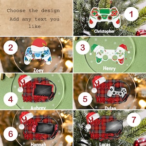 May include: Seven different designs for personalized Christmas ornaments featuring a video game controller and a red and black plaid background. The ornaments are numbered 1 through 7 and include names like Christopher, Zoey, Henry, Aubrey, Dylan, Hannah, and Lucas.