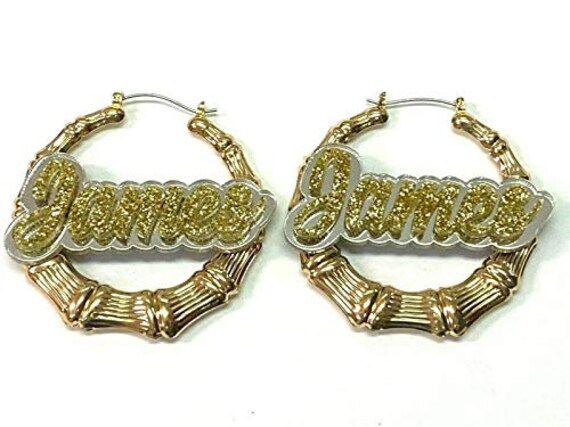 MirrorManiaDesigns Gold Hoop Bamboo Earrings Name Plate Lasercut Personalized Custom Design Stunning Look 1.5 2.5 3.5 Size Choice Attractive Bamboo Earrings