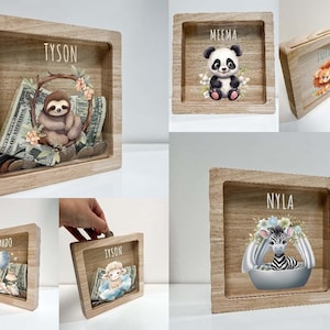 Niños personalizados Panda León Perezoso Jirafa Oso de Peluche Animales Caja de Ahorros Caja de Monedas de Madera Alcancía Guardería, Regalo de Niño Bebé, Regalo de Niña