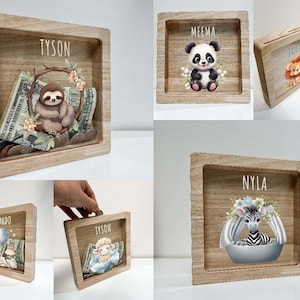 Personalized Kids Panda Lion Sloth Giraffe Teddy Bear Animals Savings Bank Wooden Coin Box Piggy Bank Nursery, Baby Boy Gift, Baby Girl Gift