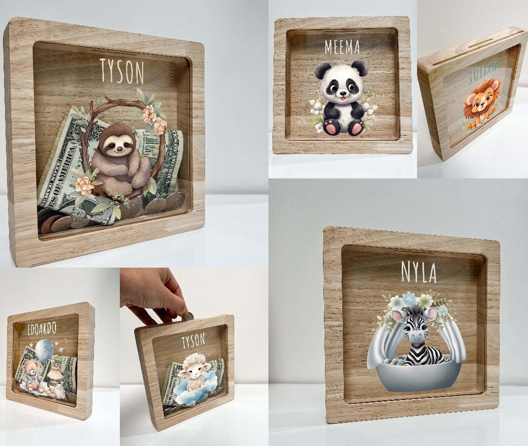 Personalized Kids Panda Lion Sloth Giraffe Teddy Bear Animals Savings Bank Wooden Coin Box Piggy Bank Nursery, Baby Boy Gift, Baby Girl Gift