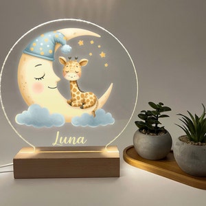 Custom Personalized Name LED Wood Stand Night Light Up Moon & Star Safari Animal Cute Giraffe Lamp Boys Girls, Kids, Baby Nursery Room Decor