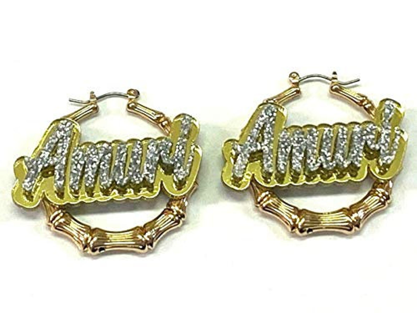 Gold Hoop Bamboo Earrings Name Plate Laser Cut Personalized Etsy