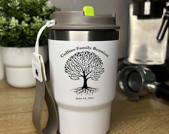 Personnalisé 16 oz, double paroi en acier inoxydable isolé sous vide, tasse à café, tasse de voyage, 2 en 1, couvercle, porte-gobelet, cadeau de réunion de famille