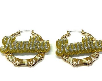 Gold Hoop Bamboo Earrings Name Plate Laser Cut Personalized Custom Design Stunning Look - Size and Color Choice, Attractive Bamboo Earrings