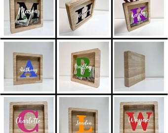 Personalized Money Box Savings Piggy Bank Wooden Coin Bank Design Custom Name Initial & Color Choice Boys Girls Kids Nursery Room Decor Gift