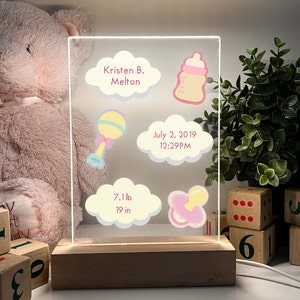 Cute Custom Personalized Name LED Wood Stand Sign Night Light Up Lamp Boys Girls New Baby Birth Stats Name Birthdate Nursery Room Decor Gift