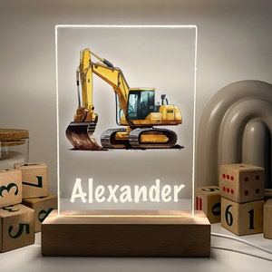 Custom Personalized LED Wood Stand Night Light Up Table Lamp Boy Room Decor Construction Truck Excavator Tractor Heavy Equipment Themed Gift