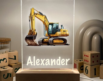 Custom Personalized LED Wood Stand Night Light Up Table Lamp Boy Room Decor Construction Truck Excavator Tractor Heavy Equipment Themed Gift