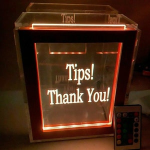 Fantastically Unique Thank You Tip Box Raffle Fund Raiser Donation Jar Personalized Free Engraved LED 16 Color Changing 7&quot;Wx8.5&quot;H Container
