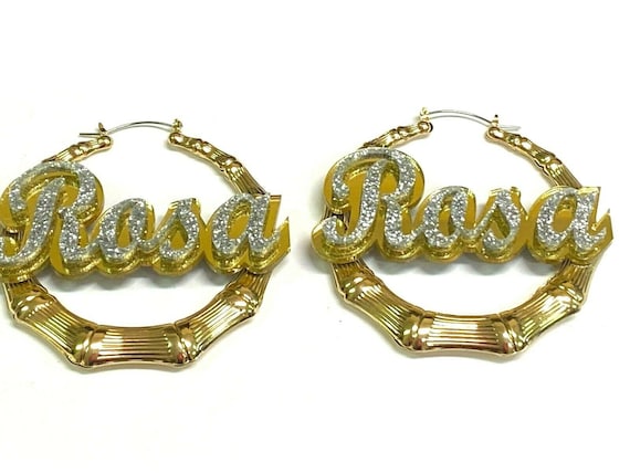 Gold Hoop Bamboo Earrings Name Plate Lasercut Personalized Custom Design  Stunning Look 1.5, 2.5, 3.5 Size Choice Attractive Bamboo Earrings 