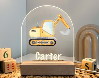 Custom Personalized LED Wood Stand Night Light Up Table Lamp Boys Room Decor Construction Excavator Bucket Truck Heavy Equipment Themed Gift