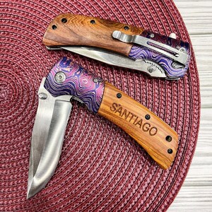 Personalized POCKET KNIFE Folding Knive Wood Custom Gifts for Him Men Dad Boyfriend Father Husband Anniversary Groomsmen Engraved Valentines