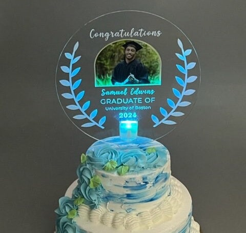 Shimmering Light Up Personalized Custom Party Decor Cake Top Topper - Any Photo Picture Logo Text - Graduation Class Of Graduate Cake Topper