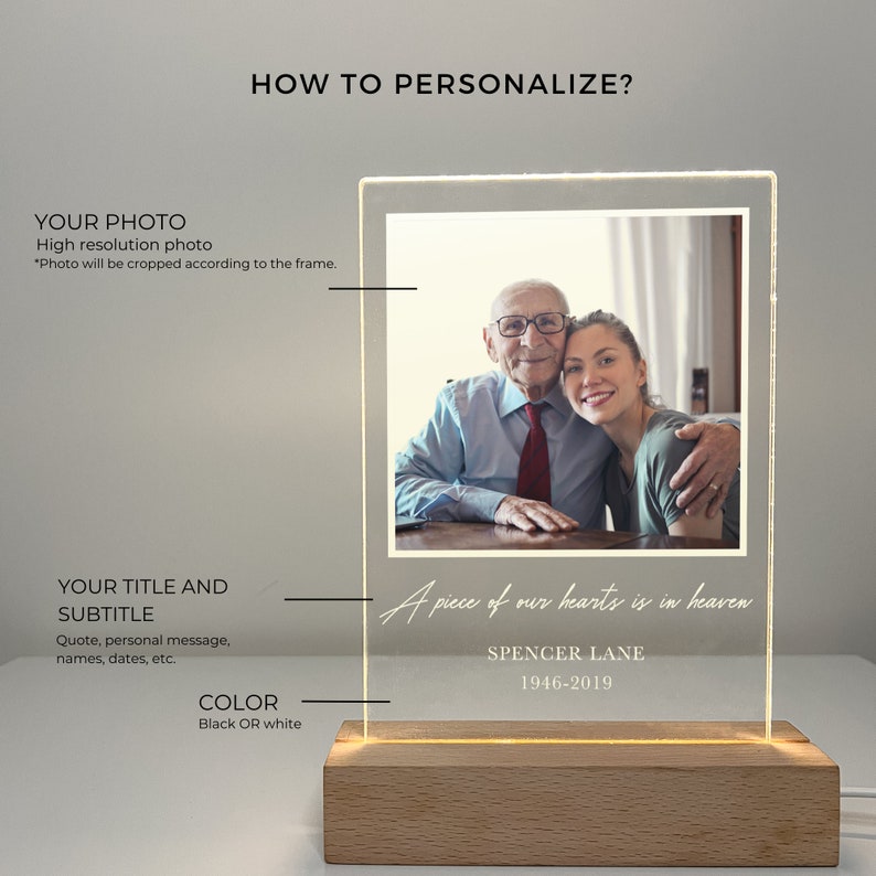 May include: A personalized memorial light with a photo of two people, a title that reads "A piece of our hearts is in heaven", and the name "Spencer Lane" with the years 1946-2019.