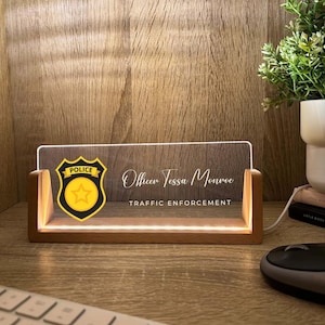 Personalized Name & Title Desk Plate Wood Stand | Police Captain Officer Detective Sergeant Law Enforcement | Sign LED Light Nameplate Gift