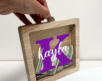 Personalized Money Box Savings Piggy Bank Wooden Coin Bank Design Custom Name Initial & Color Choice Boys Girls Kids Nursery Room Decor Gift