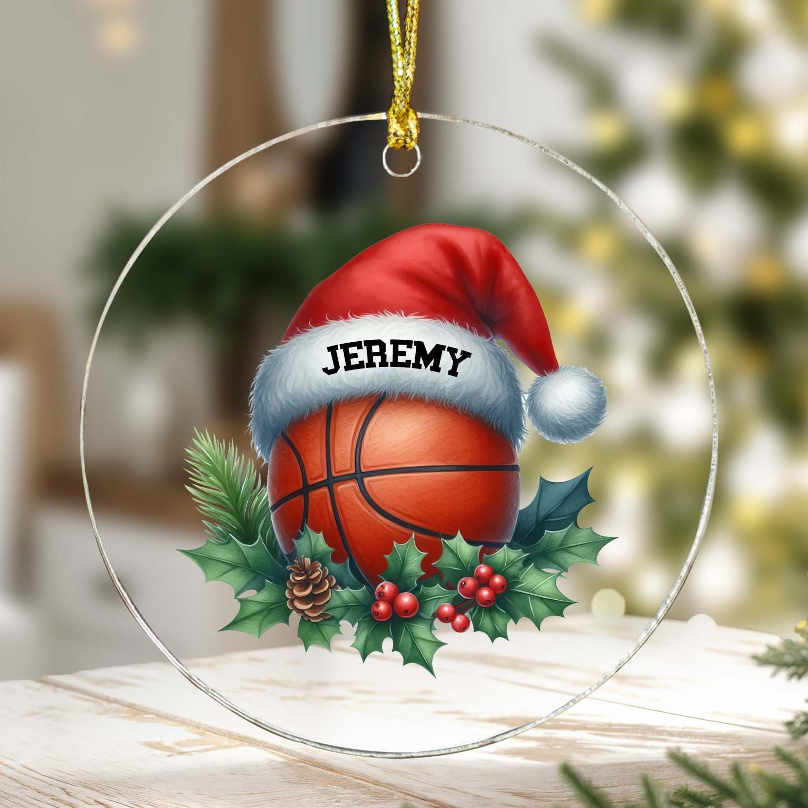 Personalized Ornament Basketball and Santa Hat Any Name Xmas Keepsake 3.5" Acrylic Festive Holiday Christmas Tree Hanging Decoration Gift