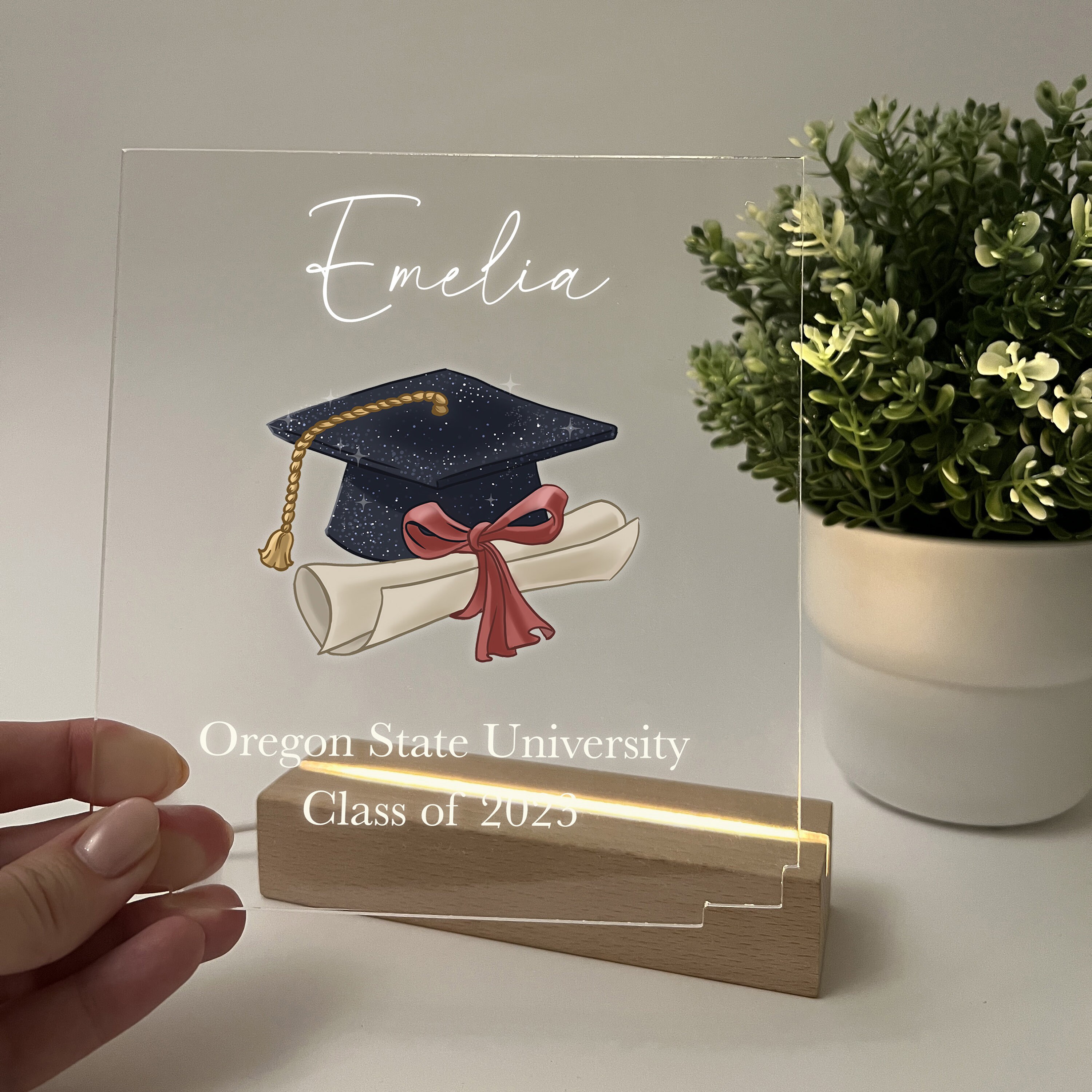 Graduation Base Design Personalized Light Wood Base LED Desk Stand Custom Graduation Cap ...