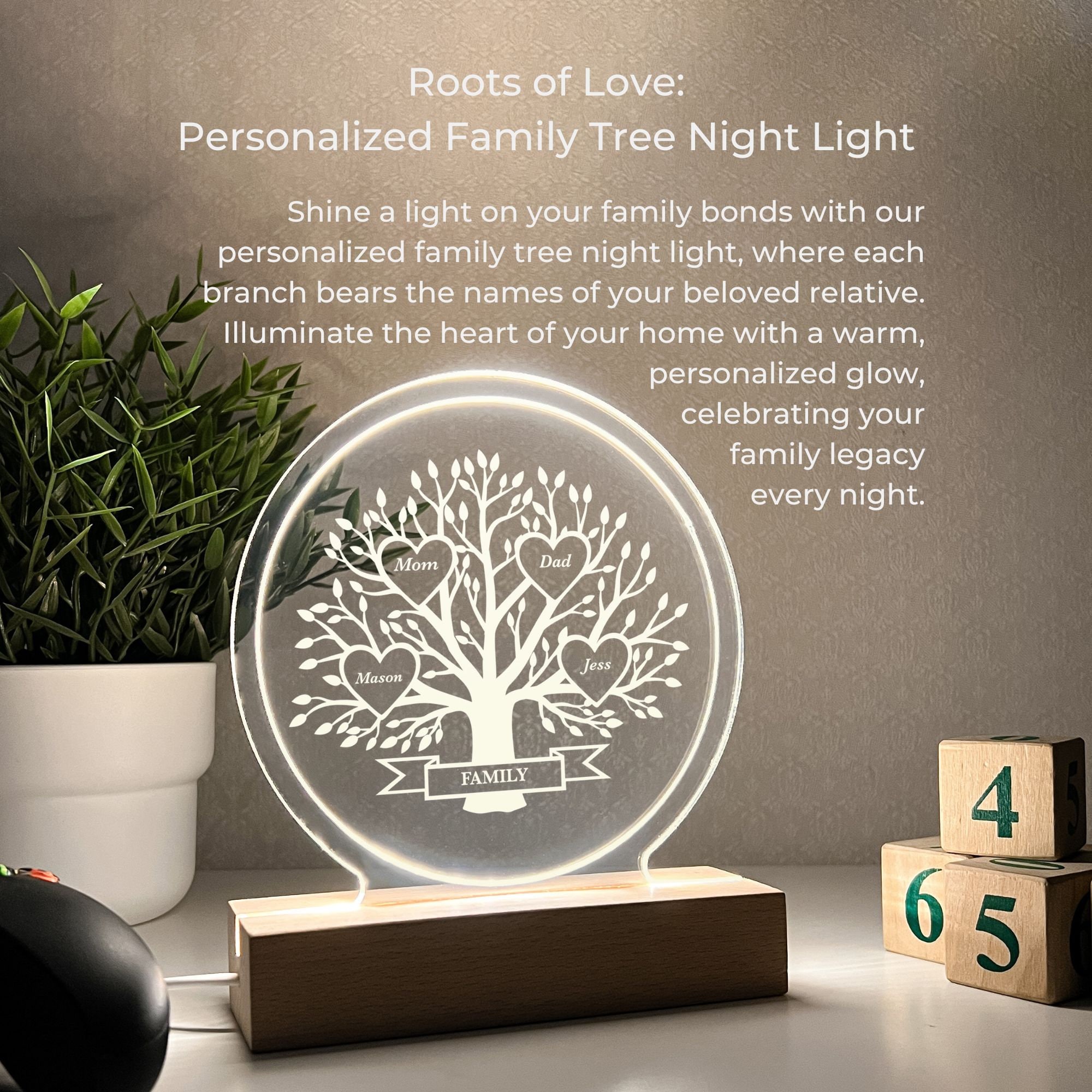 Personalized Custom Family Tree, Roots of Love Wood Stand Frame Plaque LED Night Light Up Table Lamp, Engraved Gift, Home Decor, Family Gift