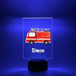 Fire Engine Truck Firefighter Boys Night Light Up Kids Desk Table Lamp 16 Colors LED | Bedroom Room Nursery Decor | Name Personalized Free
