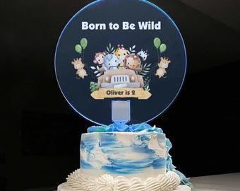 Safari Animals Jungle Happy Birthday Cake Topper Top Personalized Name Girls Boys Kids LED Multiple Color Light Effects | Light Up The Party