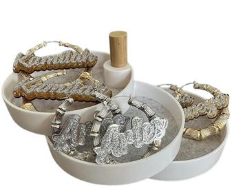 Jolies boucles d'oreilles en bambou en or ou en argent, plaque signalétique découpée au laser, personnalisé audacieux style hip hop pour femmes, couleur et taille au choix, cadeau