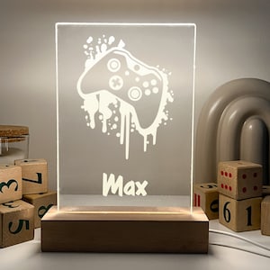 Custom Personalized LED Light Up Lamp Wood Base Stand Boys Gaming Rockets & More Design Choice Christmas Family Home Room Décor Gift For Him
